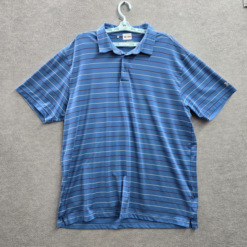 Under Armour Men Polo 2XL Blue Striped Heatgear Activewear Button Short Sleeve